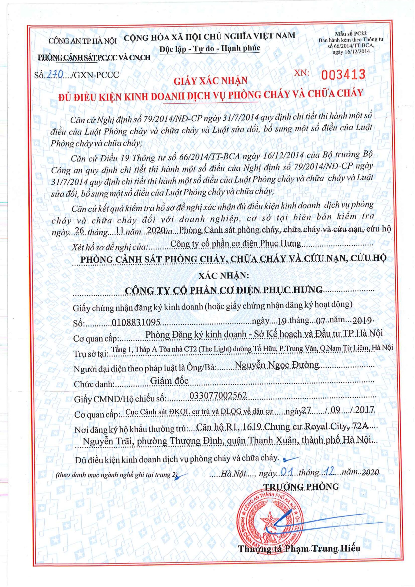 GIẤY XÁC NHẬN ĐỦ ĐK KD DỊCH VỤ PCCC